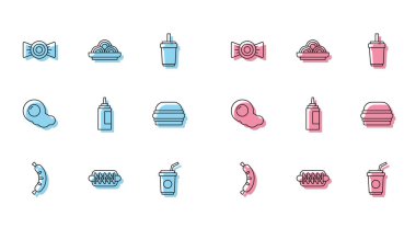 Sabit hat Hotdog, sandviç, şeker, saman, sos şişesi, Burger, çırpılmış yumurta ve kase ikonunda Asya eriştesi. Vektör