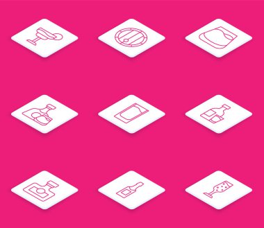 Kokteyl, tahta fıçı, viski, viski şişesi ve bardak, Shot, şişe votka, alkollü içki ve şampanya ikonu. Vektör