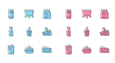 Plastik şişedeki süt, tereyağı tabağı, sütlü bardak, peynir, milkshake, ürün, şişe ve meme simgesi. Vektör