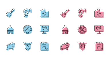 Hilal, Lât, Ramazan, oruç, Kâbe camisi, Müslüman Camii ve Bağış. Ya da sadaka ikonunu öde. Vektör