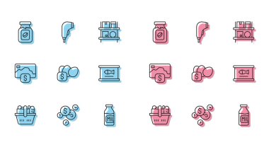 Alış veriş sepeti, yiyecek, dolar ve bozuk para parası, kahve kavanozu şişesi, şişe sütü yumurta için fiyat etiketi, konserve balık, kredi kartı ve tarayıcı barkod simgesi. Vektör