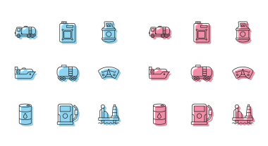Varil yağı, petrol veya benzin istasyonu, tanker kamyonu, denizdeki petrol platformu, demiryolu deposu, motor göstergesi, tanker gemisi ve teneke kutu motor ikonu. Vektör