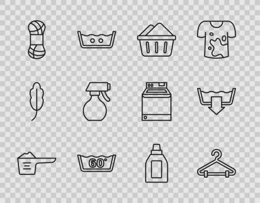 Hat yıkama tozu, gardırop sabun köpüklü leğen, ısı temizleme havuzu, iplik, su püskürtme şişesi temizlik maddesi ve moda ikonu. Vektör