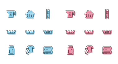 Çamaşır deterjanı, kuru giysiler, ölçü kabı, havlu yığını, sabun köpüklü leğen. Vektör