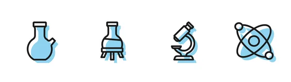 Set Line Mikroskop Reagenzglas Und Atom Symbol Vektor — Stockvektor