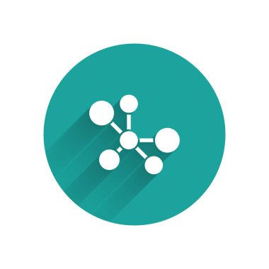 Beyaz Molekül simgesi uzun gölgeli izole edilmiş. Kimya moleküllerinin yapısı, fen öğretmenlerinin yenilikçi eğitim posteri. Yeşil daire düğmesi. Vektör.