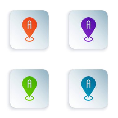 Beyaz arkaplanda izole edilmiş renk haritası simgesi. Navigasyon, işaret, konum, harita, GPS, yön, yer, pusula, arama konsepti. Kare düğmelere renkli simgeleri yerleştir. Vektör.