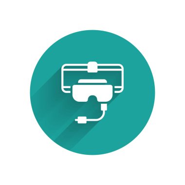 Uzun gölgeli beyaz sanal gerçeklik gözlüğü simgesi. Stereoskopik 3D VR maskesi. Yeşil daire düğmesi. Vektör.