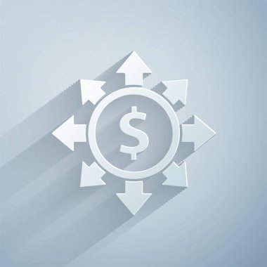 Kağıt kesiği Dolar, paylaşım, ağ simgesi gri arkaplanda izole edildi. Kağıt sanatı tarzı. Vektör.