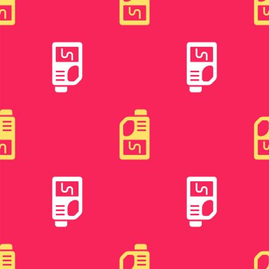 Sarı lavabo açıcı şişe ikonu kırmızı arka planda izole edilmiş. Su boruları temizleniyor. Tesisat onarım sembolü. Vektör.