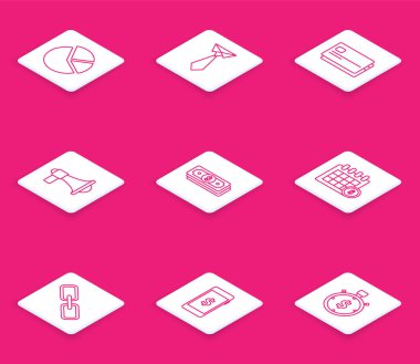 Satır çizelgesi bilgisi, kravat, kredi kartı, megafon, yığınla kağıt para, finans takvimi, dolar sembollü zincir link ve akıllı telefon. Vektör