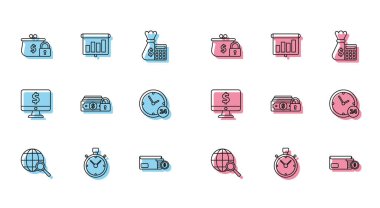 Küre, Para, Saat 24 saat, Bilgisayar monitörü ve sunum finans kurulu grafiği, çizelgesi, şeması, bilgi grafiği, turta grafik simgesi ile çizgi büyüteç ayarlayın. Vektör