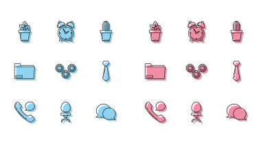 Hattı ayarla telefon ahizesi ve konuşma balonu sohbeti, ofis koltuğu, saksıdaki çiçekler, konuşma, Gear, kravat, belge klasörü ve Alarm saat simgesi. Vektör