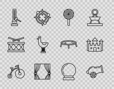 Tek tekerli klasik bisiklet, bir küçük top, lolipop, perde, yüksek çekiç, binici çocuk ördeği, sihirli top ve kale ikonu. Vektör