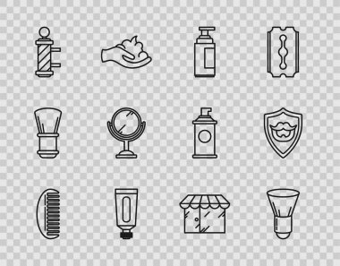 Saç fırçası, tıraş köpüğü, krem veya losyon kozmetik tüpü, klasik berber dükkanı direği, el aynası, berber dükkanı binası ve bıyık sakalı ikonu. Vektör