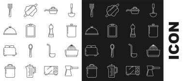 Set hattı, Türk kahvesi, meyve sıkacağı, tencere, kızartma tavası, kesme tahtası tepsi yemeği, çatal ve biber ikonu ile kaplanmış. Vektör