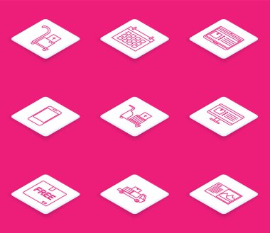 Hat el arabası ve kutular, takvim, uygulama dağıtım takibi, cep telefonu, elektronik el, bilgisayar monitörü, kartondan bağımsız sembol ve karton ikon. Vektör