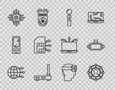 Küresel teknoloji veya sosyal ağ, Proje ekibi üssü, Gamepad, Router ve Wi-fi sinyali, işlemci, Sim kartı, Sanal gerçeklik gözlükleri ve simge. Vektör