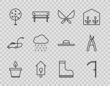 Hattı çömleğe, tırpana, bahçe makasına, duvar nöbetine, Ağaca, yağmurlu Bulut 'a, su geçirmez lastik bota ve ikona yerleştir. Vektör