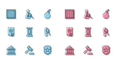 Mahkeme binası, hapishane penceresi, polis rozeti, sahne standı veya münazara kürsüsü ayak sesleri büyüteç, sertifika şablonu ve para çantası büyütme ikonu. Vektör