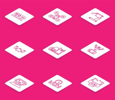 Hat 3D tarama sistemi, aksiyon kameralı İHA, endüstriyel robot kol fabrikası, 3D yazıcı, uzaktan kumandalı hava aracı, robot ve dijital zaman yöneticisi ikonu. Vektör