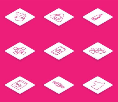 Line Dog, Pet bed, şırınga ve hayvan aşısı, veteriner kliniği sembolü, online veteriner, Paw print, yiyecek çantası ve yaka etiketi ikonu. Vektör