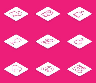 Set hattı, kalp konuşma balonlu akıllı telefon, yanan mum, şarap bardağı, erkek cinsiyet sembolü, alyans ve el ikonu. Vektör