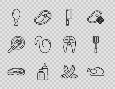 Biftek, kızarmış hindi ya da tavuk, et dilimi, sos şişesi, tavuk bacağı, kızarmış kanat, çapraz sosis ve Spatula ikonu. Vektör