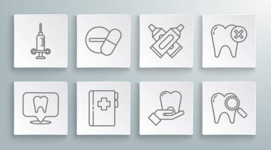 Dişçi kliniği yeri, ilaç hapı ya da tablet, diş kartı olan pano, diş ipi, arama, çapraz diş macunu tüpü, bakteri ve tıbbi şırınga ikonu. Vektör