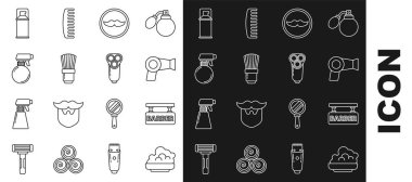 Tıraş köpüğü, berber dükkanı, saç kurutma makinesi, bıyık, saç fırçası, saç spreyi şişesi ve erkek ikonu için elektrikli tıraş bıçağı. Vektör