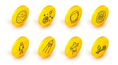 Mars gezgini, Gezegen, Uydu, Uzaylı, Kara Delik, Astronot miğferi, Uzay, Gezegen ve ikon hattını ayarlayın. Vektör