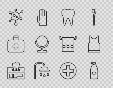 Sıralı ıslak mendil, bir şişe sıvı antibakteriyel sabun, diş, duş başlığı, virüs, makyaj aynası, Cross hastanesi medikal ve kolsuz tişört ikonu. Vektör