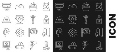 Çizgi, makas, kuaför, kedi oyuncağı, köpek ilacı şişesi, evcil hayvan banyosu, ödül, yemek kasesi, yakalı yaka, köpek ve ikon için saç fırçası. Vektör