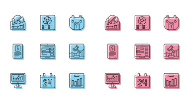 Büyüme grafiği, takvimi, borsa grafikleri, turta grafikleri, ticaret kursları, internet açık artırması, Business finanse raporu ve simgesi ile bilgisayar satırını ayarla. Vektör