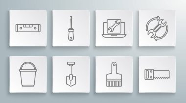 Kova, tornavida, kürek, boya fırçası, el testeresi, dizüstü bilgisayar servisi, iş akışı olarak kırbaç okları ve inşaat kabarcık düzeyi simgesi olarak ayarla. Vektör