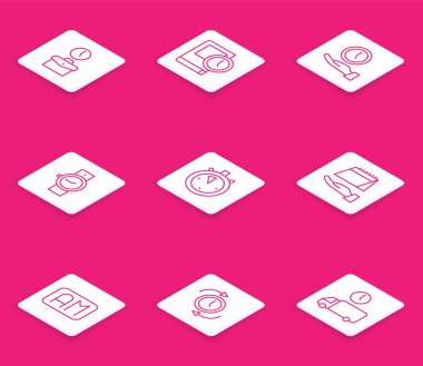 Çizgi çalışma zamanı, kitap, saat, bilek saati, Kol saati, Takvim, Sabah ve ok simgesi zamanı. Vektör