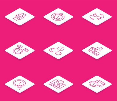 Çizgiyi Smartwatch, oklu saat, Eski kum saati, Gündüz vakti, Fast food, Büyütme Saati ve Proje Planı simgesi. Vektör