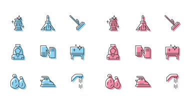 Çöp torbası, elektrikli ütü, temiz vazo, duş başlığı, lastik eldivenler, masa, temizlikçi kadın servisi ve süpürge ikonu. Vektör