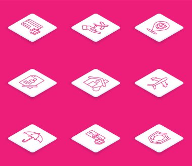 Rozetli kredi kartı, elimizde uçak, konum, belge, ev baskını, Şemsiye ve Para ikonu. Vektör