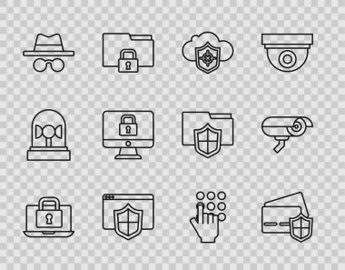 Dizüstü bilgisayarı ayarla ve kilitle, Kalkanlı kredi kartı, Cloud, Browser, Incognito modu, Monitöre Kilitlen, Parola koruması ve Güvenlik kamerası simgesi. Vektör