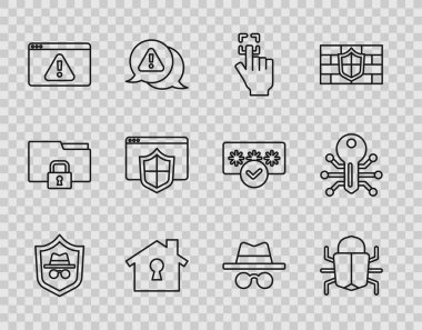 Satır İncognito kipi, Sistem hatası, Parmak izi, Koruma Altındaki Ev, Ünlem işareti, kalkan ve Akıllı anahtar simgesi olan tarayıcı ayarlayın. Vektör