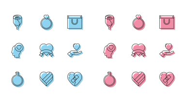 Sabit çizgi elmas nişan yüzüğü, Candy Heart şeklinde kutu, çiçek gülü, iyileşmiş kırık kalp, el, kafa ve alyans ikonu. Vektör