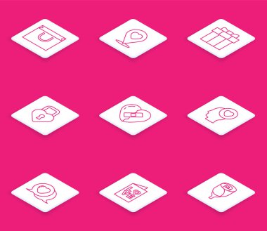 Alış veriş torbası, kalple yer, hediye kutusu, iyileşmiş kırık Castle, kafa, kalp konuşma balonu ve sevgililer günü parti broşürü. Vektör