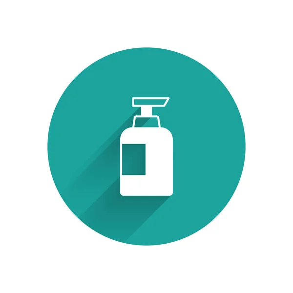 Witte Fles Shampoo Pictogram Geïsoleerd Met Lange Schaduw Achtergrond Groene — Stockvector