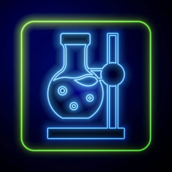 在蓝色背景上隔离的立柱图标上 发光的霓虹灯玻璃管试瓶 实验室设备 — 图库矢量图片