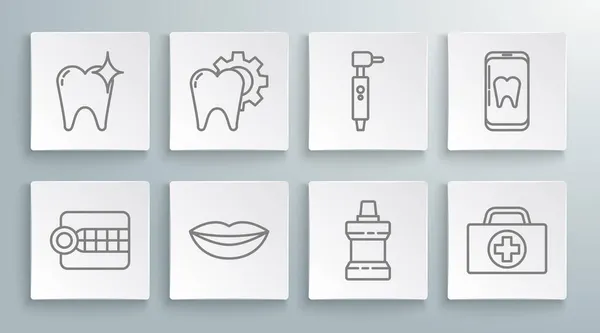 Set Line Zahnersatz Modell Zahnbehandlung Verfahren Lächeln Lippen Mundspülung Plastikflasche — Stockvektor