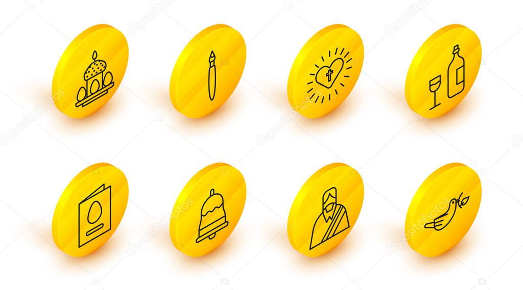Set line Peace dove with olive branch, Jesus Christ, Ringing bell, Greeting card Happy Easter, Wine bottle glass, Christian cross and heart, Paint brush and cake eggs icon. Vector