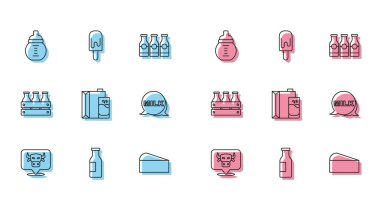 Cow Head, Bottle with milk, Baby in bottle, Cheese, Paper package for, Lettering, şişe ahşap kutu ve dondurma ikonu. Vektör