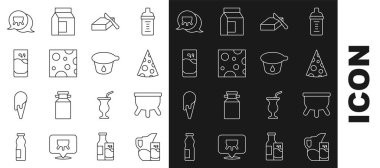 Süt sürahisi veya sürahi ve cam, Udder, Cheese, tereyağlı tereyağı, sütlü bardak ve yoğurt kabı ikonu. Vektör