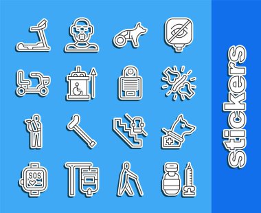 Şırınga, rehber köpek, eklem ağrısı, diz ağrısı, köpek tekerlekli sandalyesi, engelliler için asansör, elektrik, koşu bandı makinesi ve ikon. Vektör